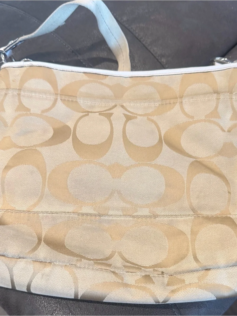 Coach Beige Signature Canvas Shoulder Bag with White Trim